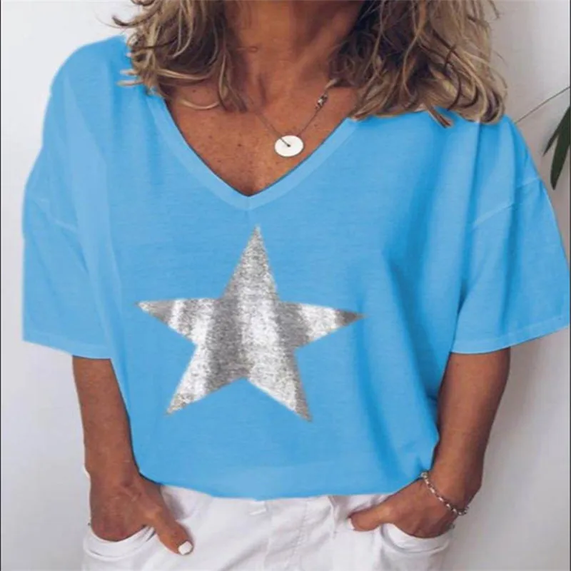 

European and American spring and summer new women's T-shirt V neck short sleeve bottom shirt loose