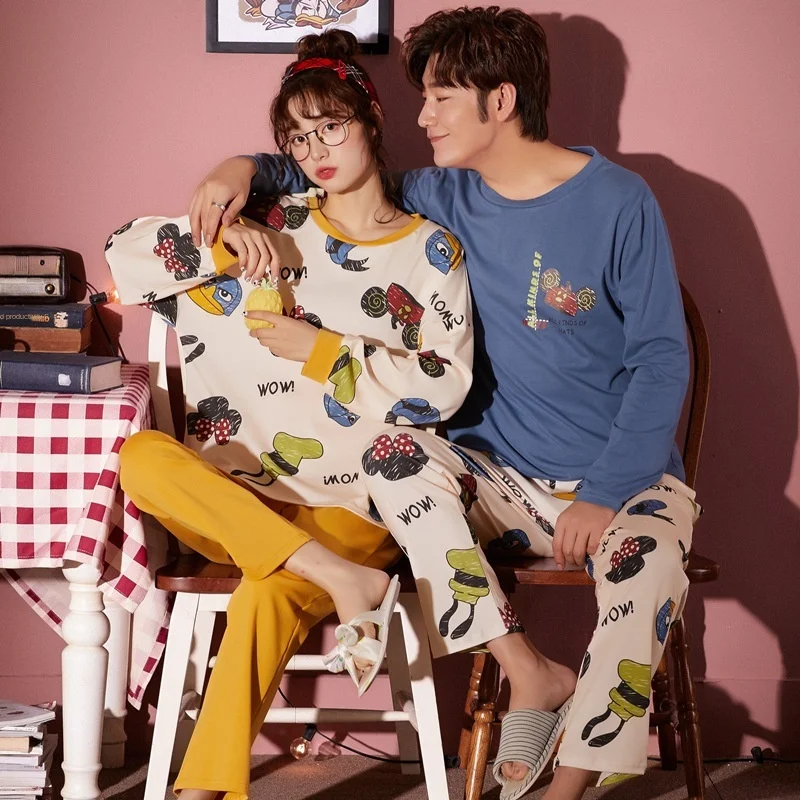 

Autumn Warm Couple Pajama Set For Women Cotton Long Sleeve Sleepwear Women Cute Cartoon Lion Lover Pyjamas Casual Men Home Suit