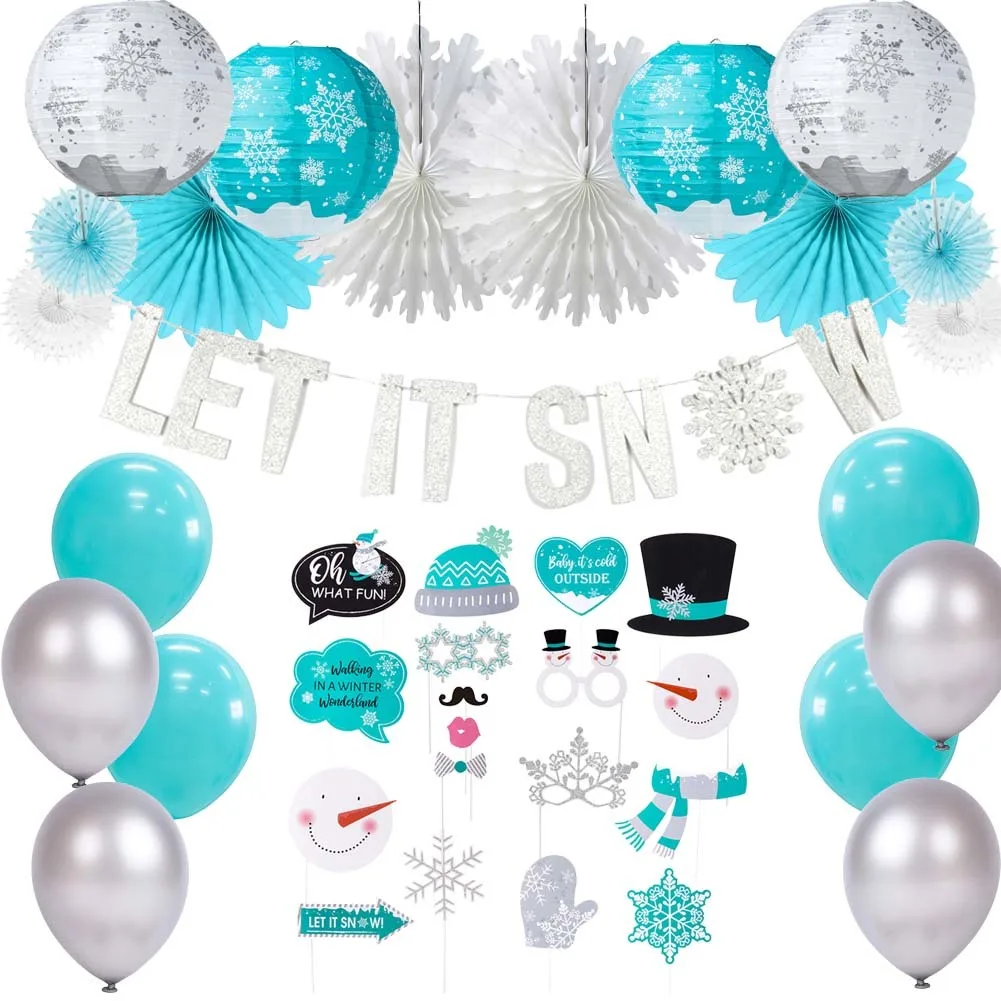 Let it Snow Party Decorations Lanterns Balloons Photo props Banner Winter Wonderland Snowflake Christmas Decor