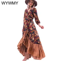 wywmy vintage floral irregular maxi dresses for women autumn long sleeve printing long dress woman floor length chic wrap dress