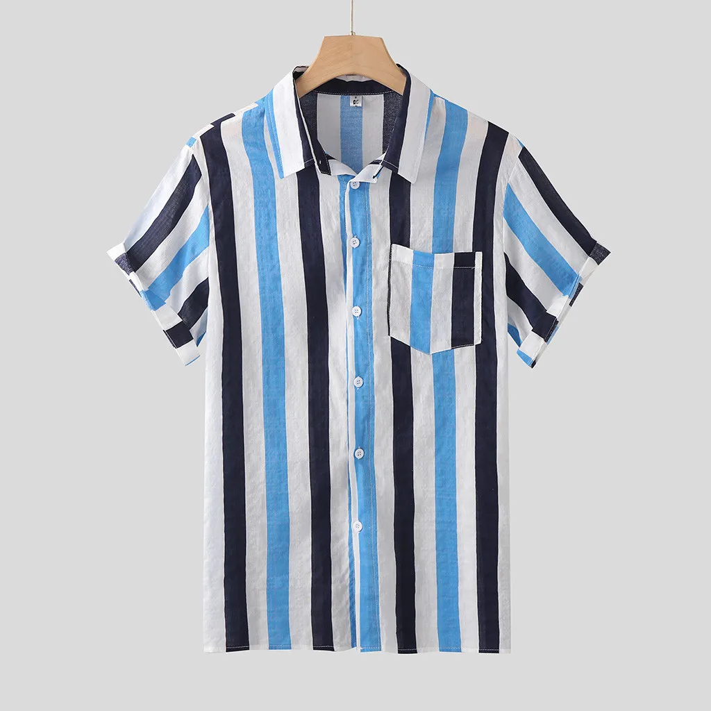 

Summer Men Beach Shirt Stripe Print Short Sleeve Lapel Neck Button Hawaiian Shirts Men 2021 Fashion Pocket Streetwear Camisas