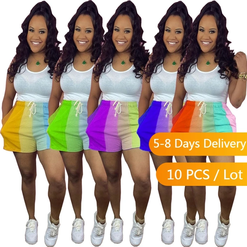 

Bulk Items Wholesale Lots Casual Shorts Women Summer Clothing Rainbow Striped Women Shorts Streetwear Loose Bottoms with Pockets