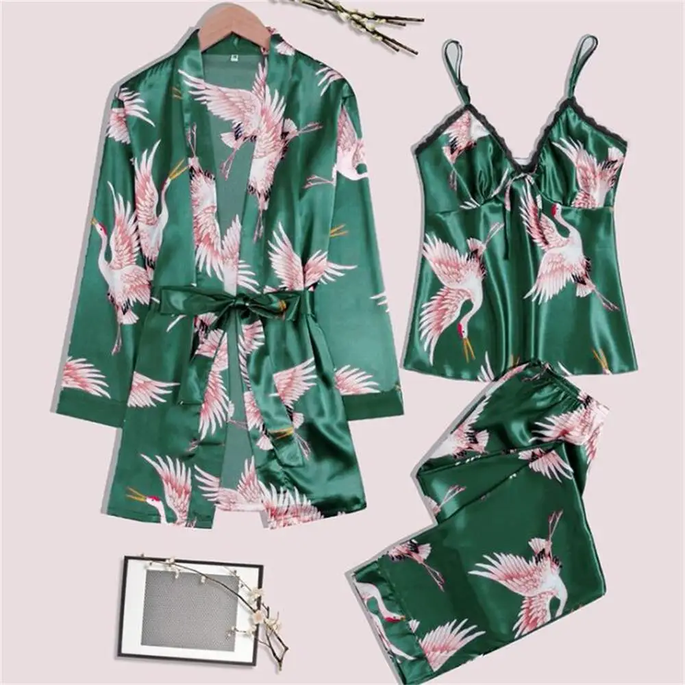 

Kwyaster Satin Sleepwear 3PCS Pajamas Set For Women Loose Nightgown Kimono Bathrobe Gown Crane Soft Intimate Lingerie Nightwear