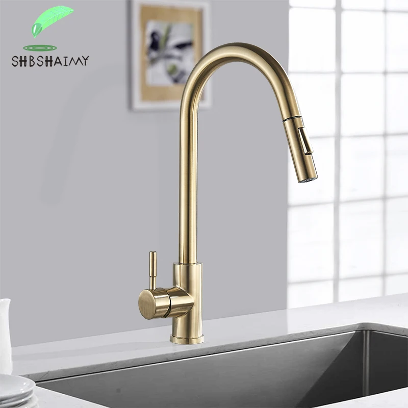 

SHBSHAIMY Nickle Gold Kitchen Faucets Stainless Steel Pull Down Stream Sprayer Deck Mount Water Sink Taps Black Brushed