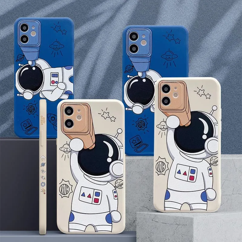 

Cartoon Space Astronaut Telescope Phone Case For iPhone 12 11 Pro MAX Mini XS X XR 7 8 Plus SE 2020 Square Liquid Silicone Cover