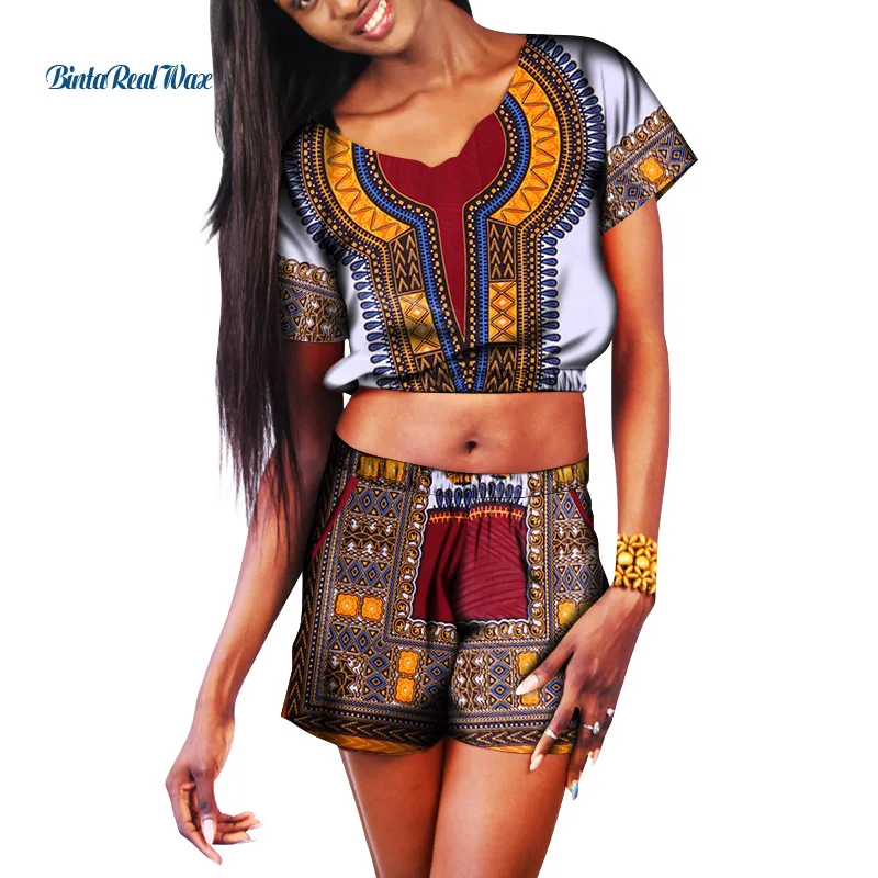 

BRW Summer African Woman Print Top and Short Pants Sets Riche 100% Cotton Short Sleeve Mini Top African Clothes for Women WY7812