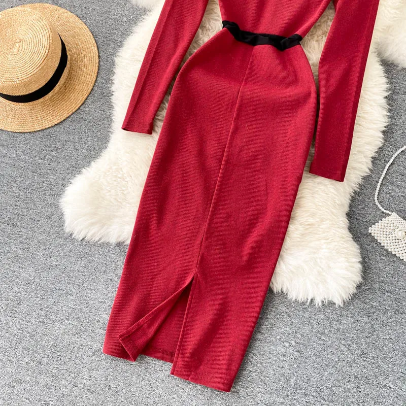 

Korean Simple Woman Knitted Dress Autumn Winter Long Sleeve Patchwork Bodycon Women Dresses Slim Midi Casual Ladies Dress Robe