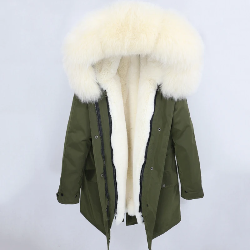 green beige OFTBUY зимняя куртка Женская водонепроницаемая куртка из натурального меха длинная парка натуральный Лисий меховой капюшон, воротник верхняя одежда уличная Роскошная - Цвет: green beige