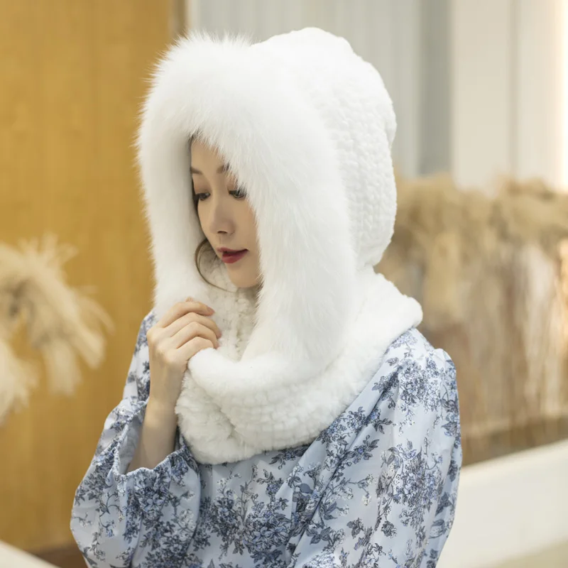 Natural Real Rex Rabbit Fur Hat Scarf  Integration with Fox Brim in Autumn and Winter for Women to Keep Warm Multipurpose
