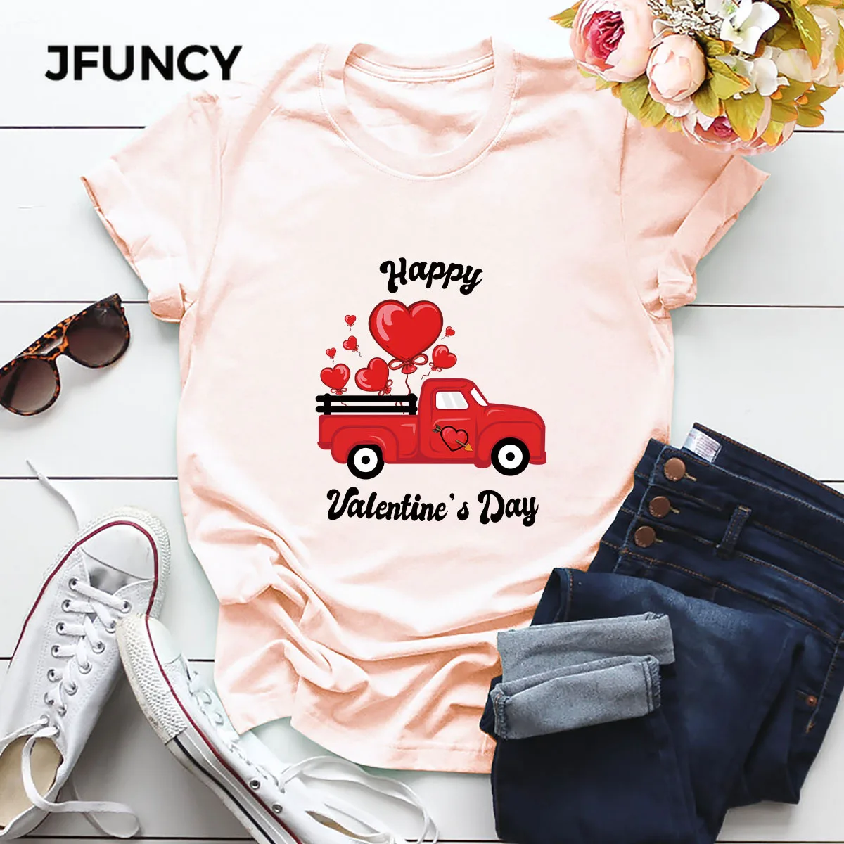 JFUNCY  Cotton T-Shirt Valentine's Day Print Woman T Shirt Casual Women Tshirt Female Short Sleeve Tees Mujer Tops