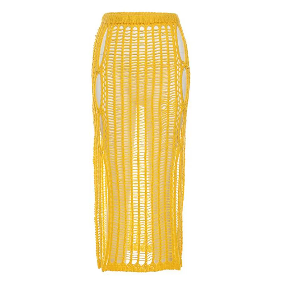 

2021 Summer Yellow Knitting Sexy Long Skirts Womens Elastic See-Through Hollow Out Grid Party Streetwear Bottom Outfits