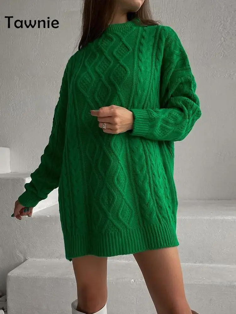 

Женское вязаное платье-свитер Tawnie, зеленое платье-свитер с круглым вырезом и длинным рукавом, пуловер оверсайз, зима 2021