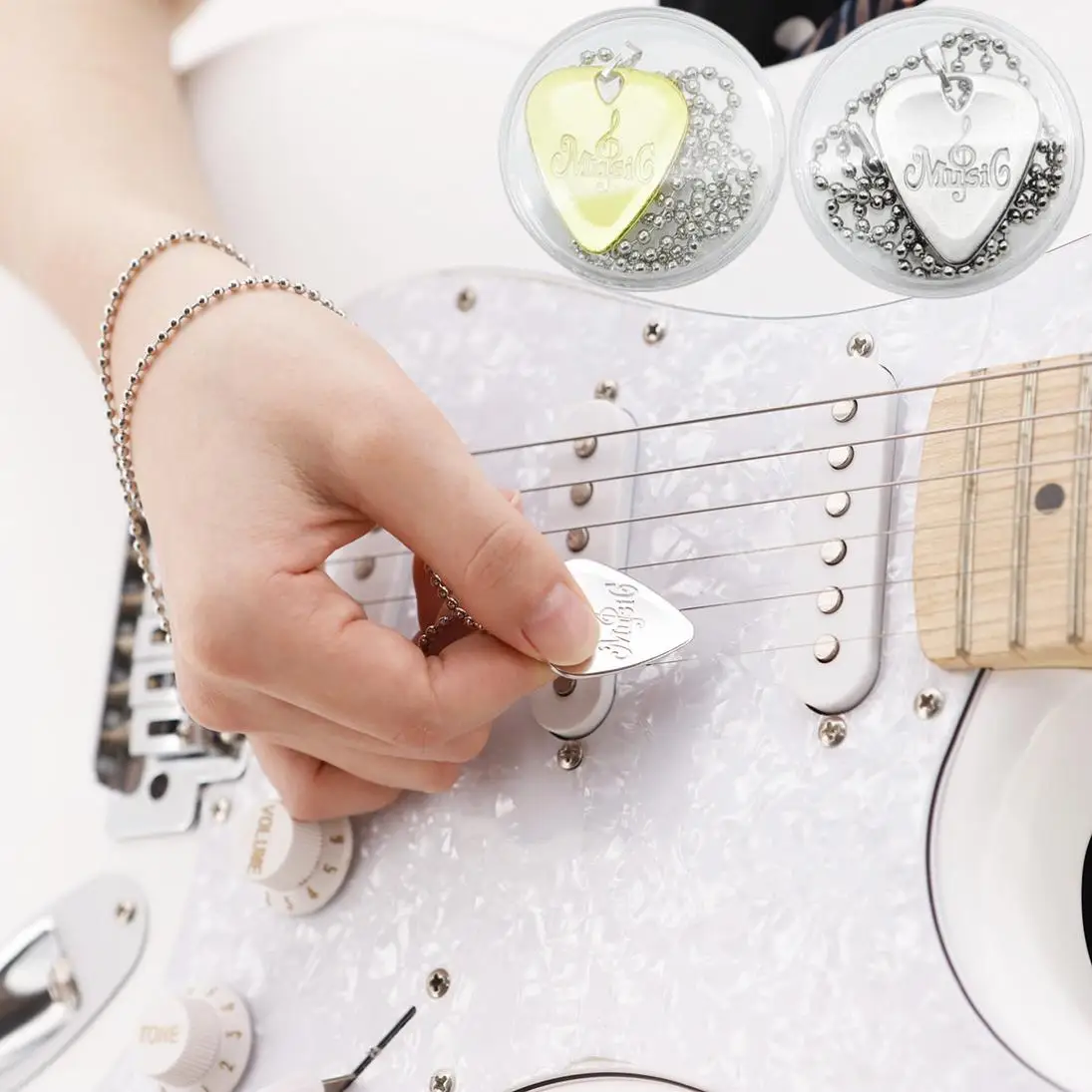 Guitar Picks Necklace Chain Plectrum Plucked String Instrument Accessories Sliver&Gold Color Optional
