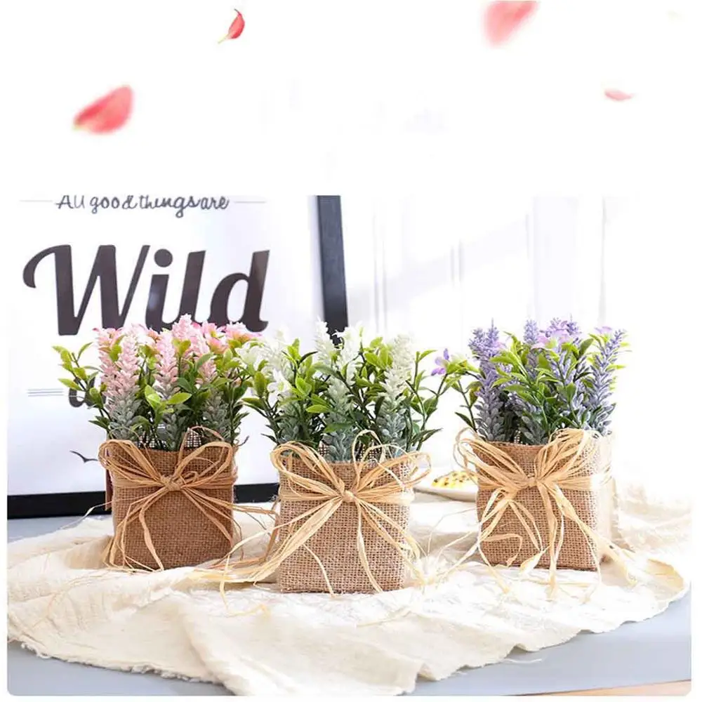 

2 Pcs Small Burlap Potted Lavender Flowers Artificial Flowers with Flax Bag Purple/Pink Fake Flower and Plant Flock Home/Office