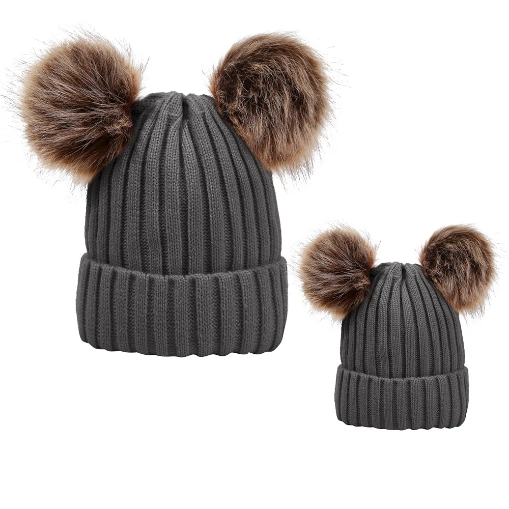 Осенне-зимняя женская вязаная теплая шерстяная шапка для родителей и детей с