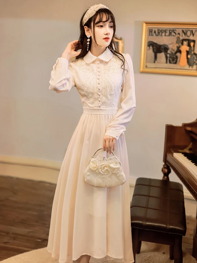 

Осеннее элегантное офисное женское белое кружевное милое платье, женское вечернее платье, корейские милые платья с длинным рукавом и ворот...