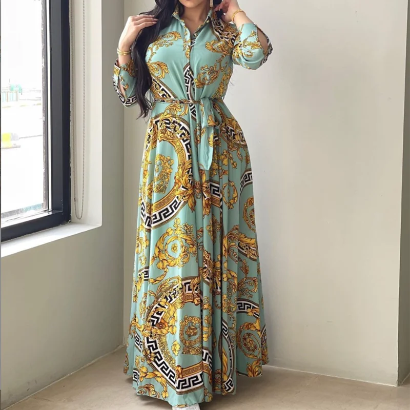 

Muslim Dress Women Luxury Vestidos Elegantes Para Mujer Maxi Dresses Green Printed Fold Collar Long Sleeves Robe For New Year