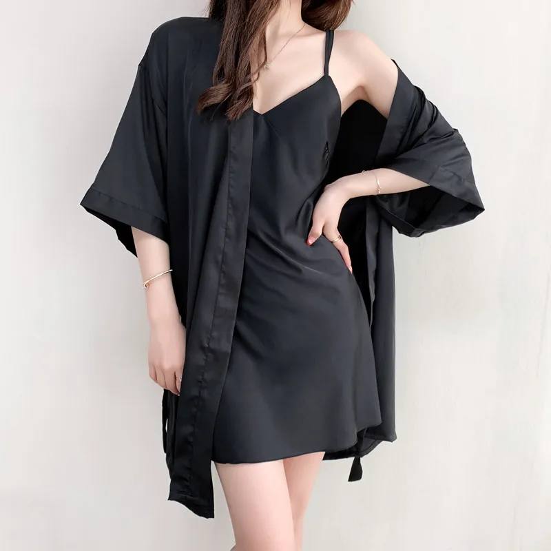 

Sexy Black Nighty&Robe Set Female Kimono Bath Gown Soft Silk Rayon Sleepwear Nightdress Loose Nightgown Loungewear Home Dress