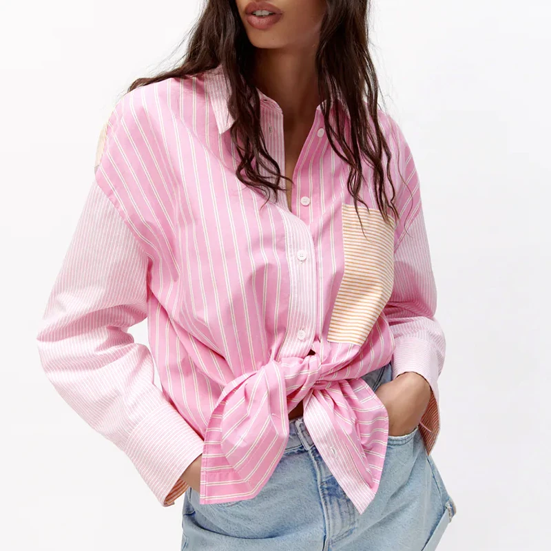 

KUMSVAG2021 Summer Women ZA Striped Shirts Blouses Tops Pocket Poplin Female Fashion Street Loose Casual Top Clothes Blusas