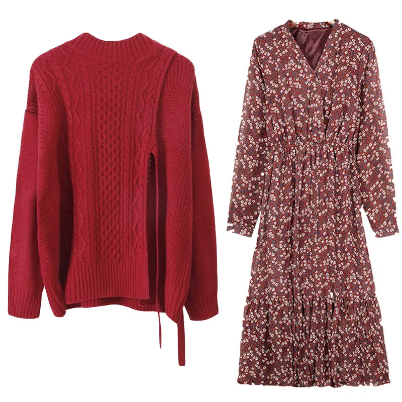 

Women Christmas Sweaters Suit Two Piece Autumn Winter Retro Loose Knitted Pullover and Long Dress Set Women Roupa Feminina