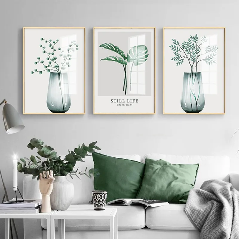 

3 Pieces Watercolour Green Leaf Plant Scandinavian Poster Wall Art Canvas Painting Nordic Print Wall Picture for Living Room