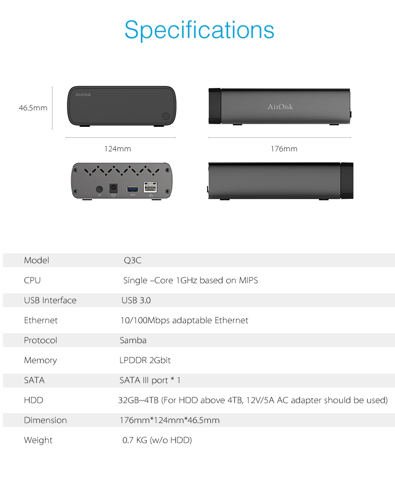 Airdisk Q3C мобильный сетевой жесткий диск USB3.0 family Smart NAS сетевой облачный накопитель 3," удаленно мобильный жесткий диск коробка(не HDD