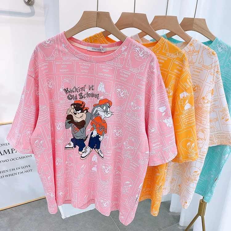 Streetwear 100% Cotton Tee Women Summer 2020 BF Style Loose Casual T Shirt Female Cool Graphic Cartoon T-Shirt Lady Oversize | Женская