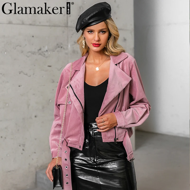 Glamaker вельветовое розовое повседневное пальто для женщин зима осень пояс Женская Базовая короткая куртка Дамская мода уличная куртка