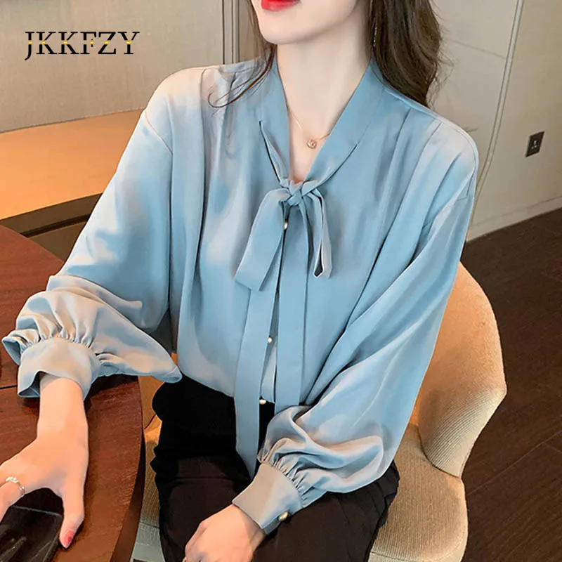 

Spring 2021 Ribbon Shirt Woman Lantern Long Sleeve Bottom Chiffon Blouse Solid Bow Office Tops Blue