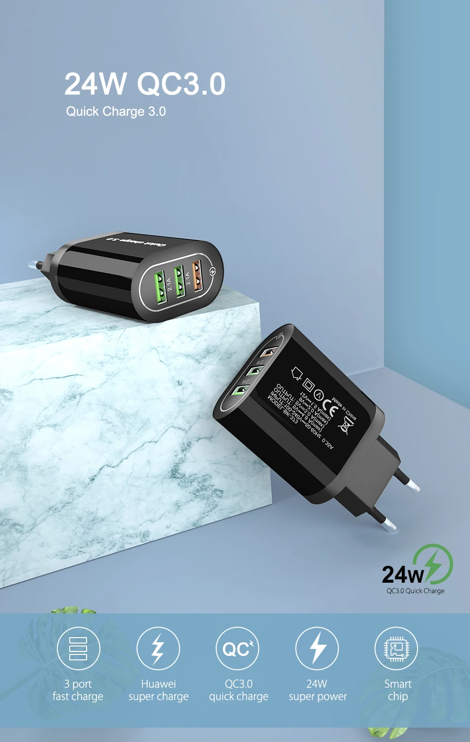 OREY 24W QC 3.0 Fast Charger, 4.8A Max 3 Port USB Charger Adapter Quick Charge 3.0 For Samsung/Xiaomi/Huawei Charger
