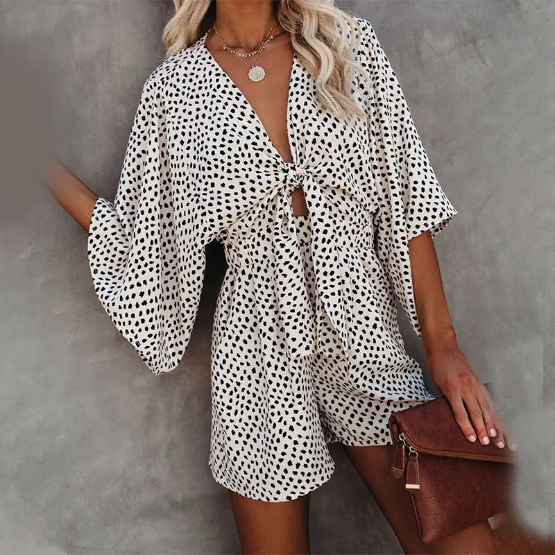 

Leopard Print Wide Leg Shorts Rompers Women's Playsuit V-neck Lace Up High Waist Playsuits Female 2021 Summer Casual Lady Romper