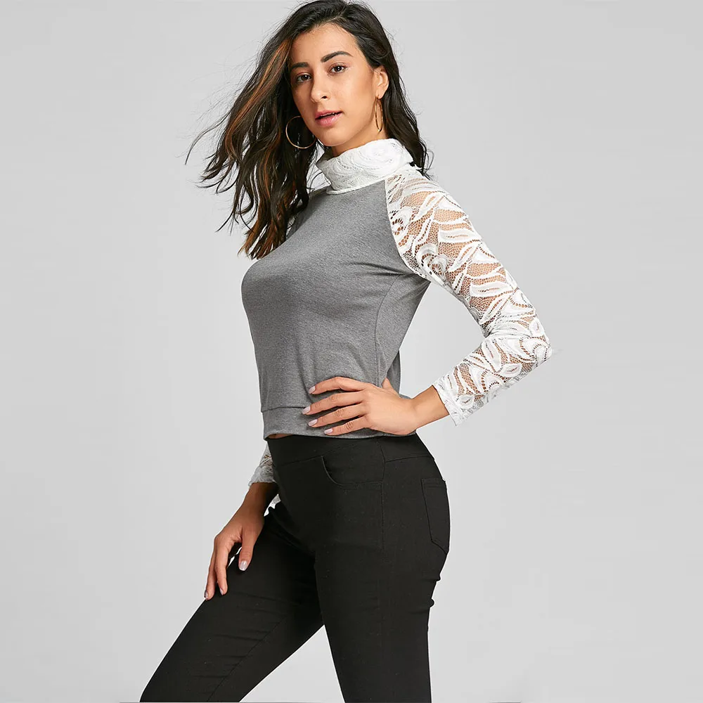 Женская трикотажная футболка с длинным рукавом и высоким воротником | одежда