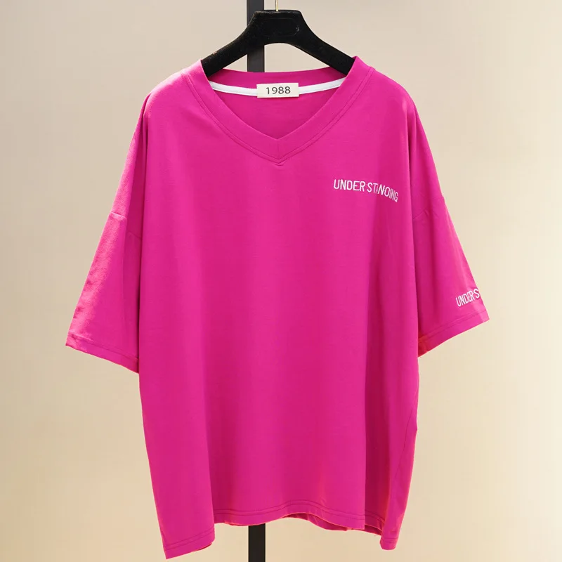

2021 Summer Fashion New High Quality Loose Large Version Letter Printing Women Mid-Length V-Neck Bat Sleeve T-Shirt Top Trendy