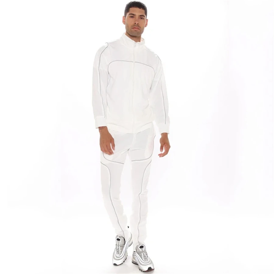 

2021 Men's Sportswear Suit Full-body reflective strip Tracksuit Muscle Fitness Casual Zipper Outwear Training Clothes Men Sets