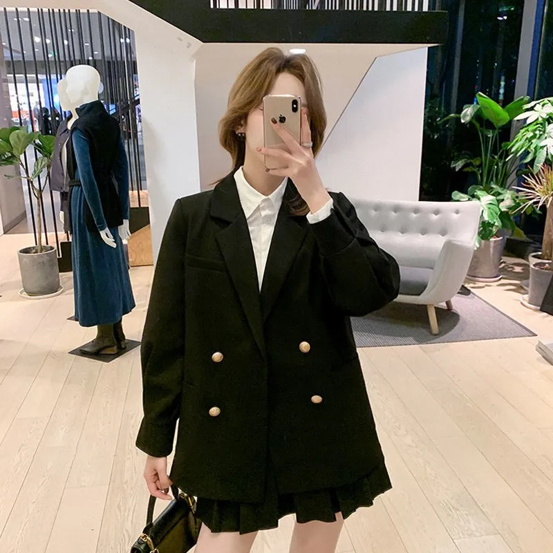 

LY VAREY LIN Spring Autumn Women Fashion Slim Notched Long Sleeve Blazers Office Lady Double Breasted Solid High Street Coat