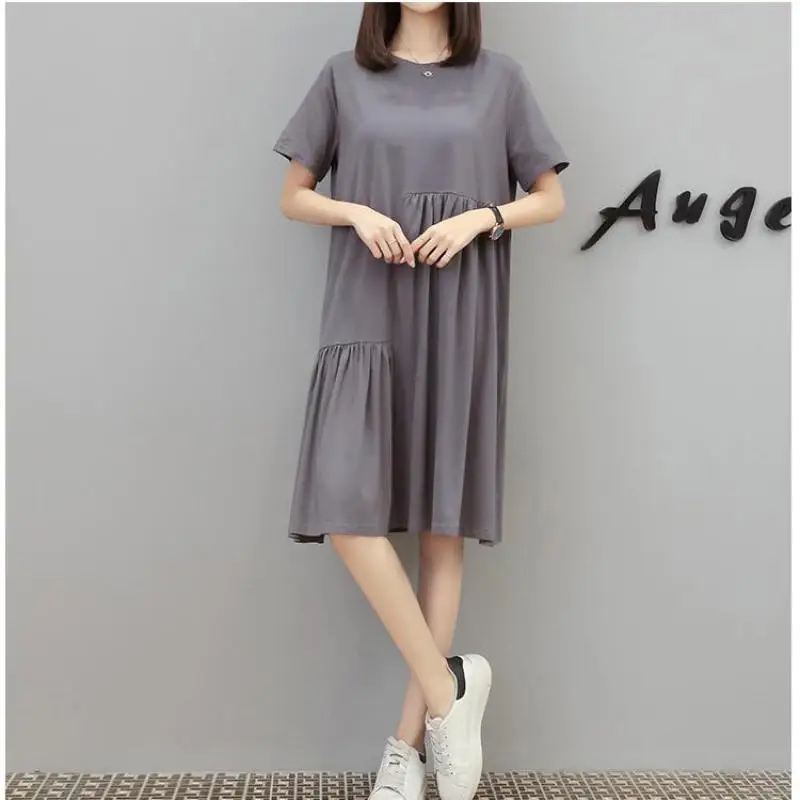 

2021 Spring & Summer Korean Ins Loose Plus Size Irregular T-shirt Dress Casual Simple Solid Sexy Women Short Dress Free Shipping