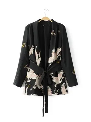 coat Новинка, Женские винтажные комплекты одежды, блейзер с принтом Журавля, широкие брюки ретро, женский наряд с принтом птицы, брючный костюм - Цвет: coat