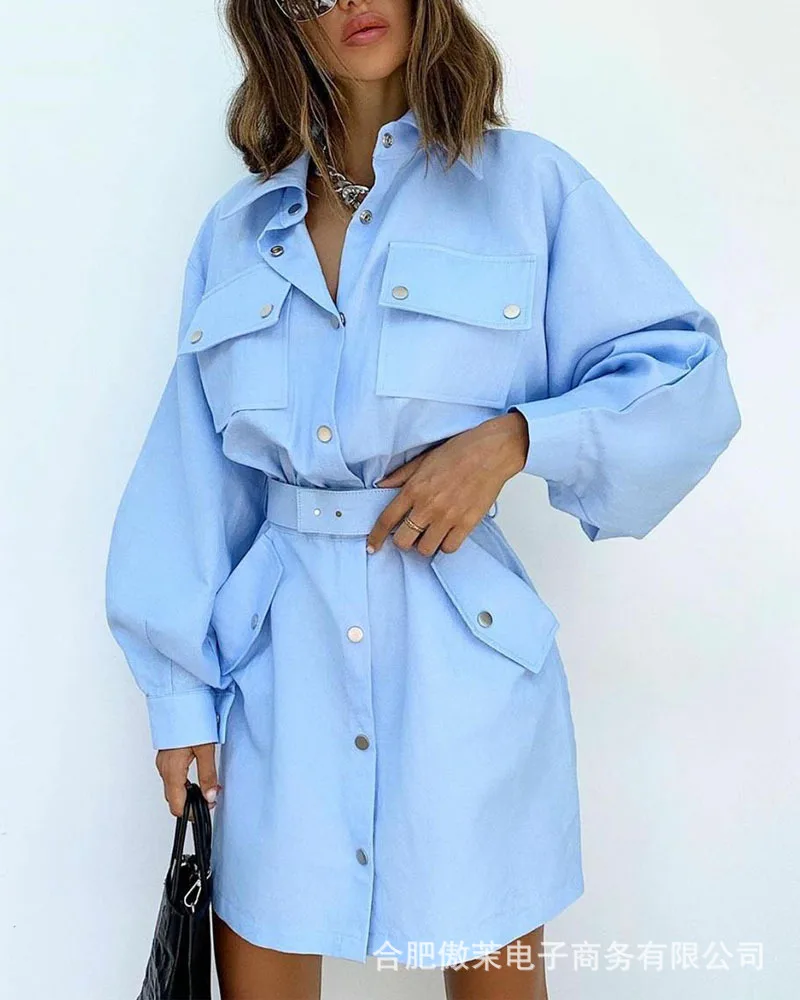 

Women's Blue Short Dress Tooling Pocket Button Shirt Dresses