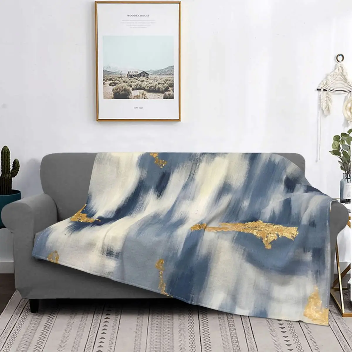 

Manta abstracta azul y dorada Ikat, colcha a cuadros para cama, sofá de lino, manta doble, manta para niños