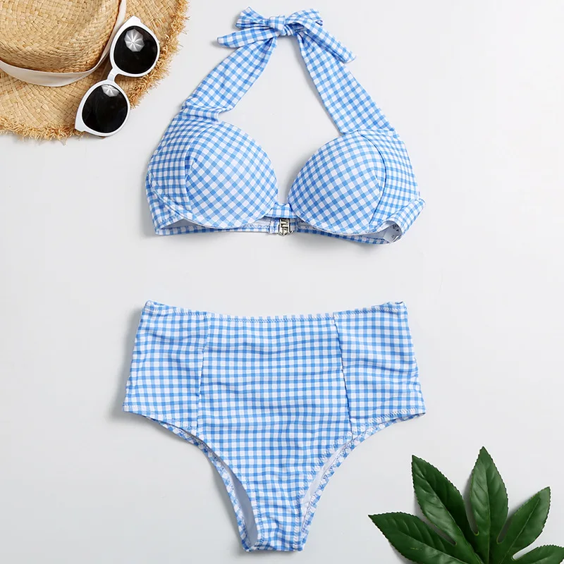 

2021 New Female Bikini Split Swimsuit 2 Piece Sets Underwire Plaid Polyester Sexy