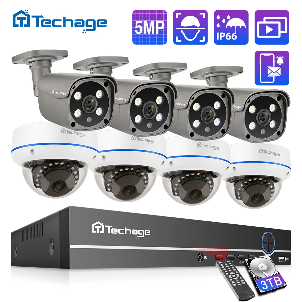 Цена Камера видеонаблюдения Techage HD 5 МП, система безопасности, 8-канальный видеорегистратор, POE, с функцией обнаружения лица, для улицы и помещений