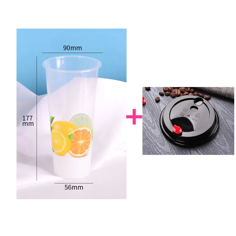 cup and lid 50 шт., 90 калибр, креативные пластиковые чашки для молока, чая, толстые, для инъекций, для напитков, сока, упаковки, вечерние, одноразовые чашки с крышкой - Цвет: cup and lid