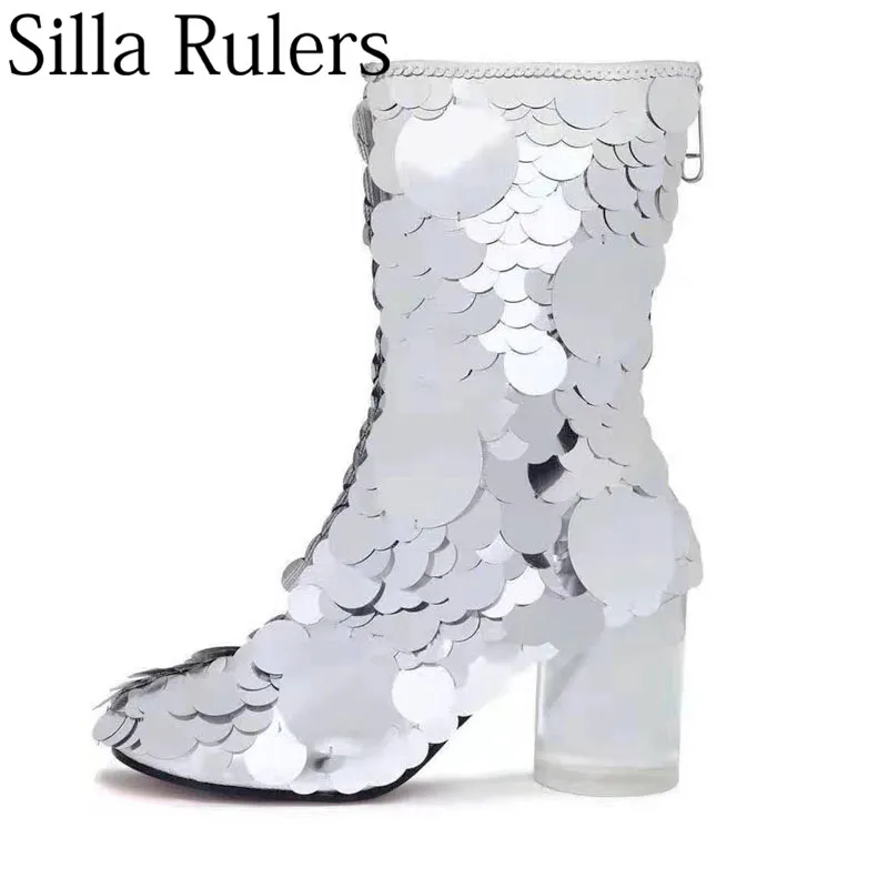 2019 г. женские ботильоны для подиума с серебристыми блестками ботинки на не