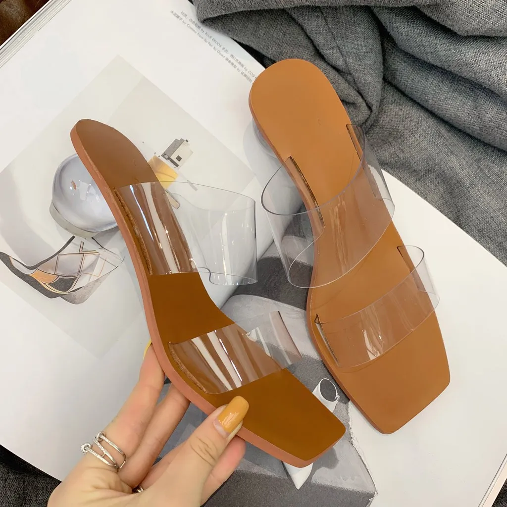 

Summer Women Transparent Sandals Jelly Shoes 2020 Luxury Female Slides- Slippers Clear Heels Sandals Comfortable Low Heel Mules