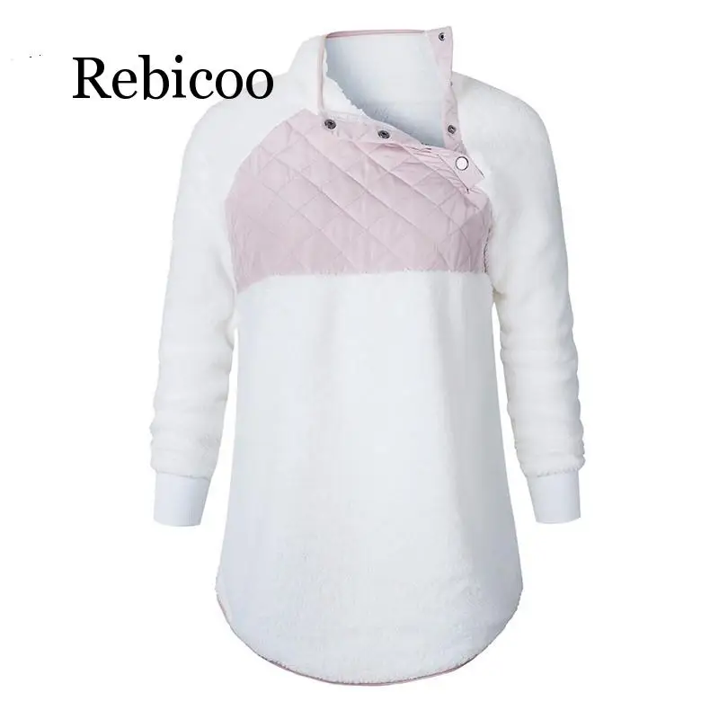 

Winter Faux Fur Oversized Hoodie Women's Autumn Patchwork Warm Soft Plush Turtleneck Sweatshirt