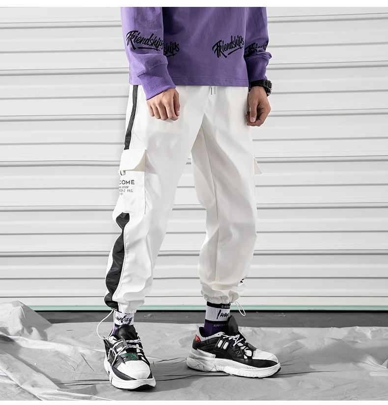 White - LY308 BINHIIRO мужские брюки-карго на бедрах, хлопок, полиэстер, на завязках, с карманами, повседневные, мужские, полная длина, зеленый, белый, черный, фиолетовый цвет - Цвет: White - LY308