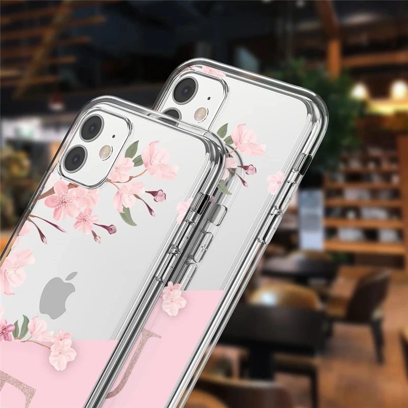 pink flowers initial letter a to z transparent phone case for iphone 11 13 pro max 12 pro max 7 8 plus xs max x xr soft cover free global shipping