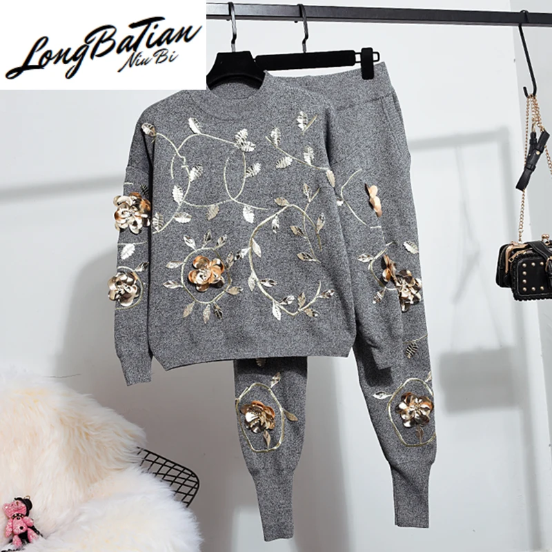 

Женский трикотажный костюм, свитер с цветочной вышивкой и повседневные брюки-карандаш, 2 шт.