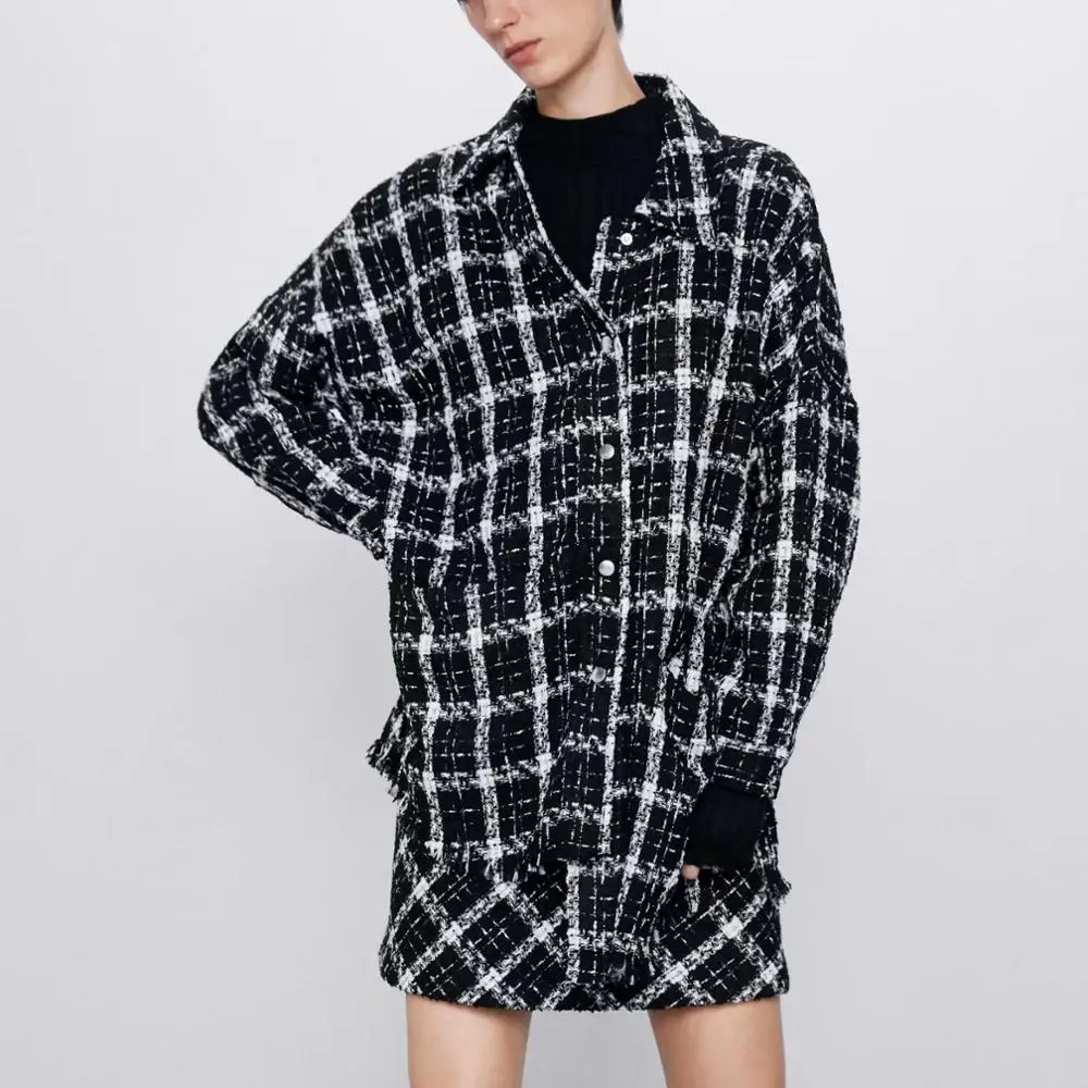 ZA осенне зимняя женская твидовая рубашка в черно белую клетку толстое пальто