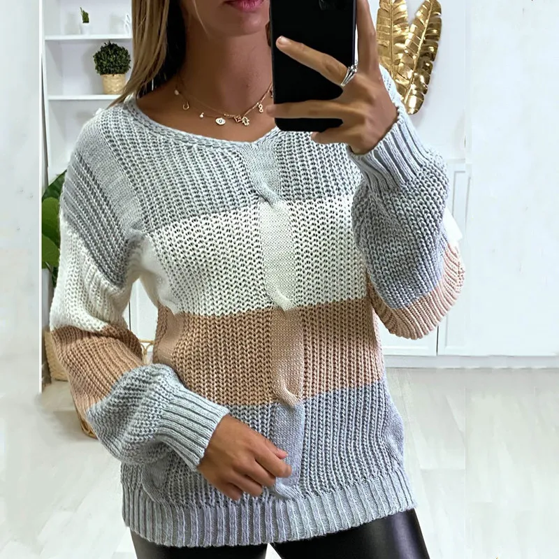 

Женский свитер с V-образным вырезом, повседневный Длинный свободный пуловер составного кроя, Осень-зима 2021